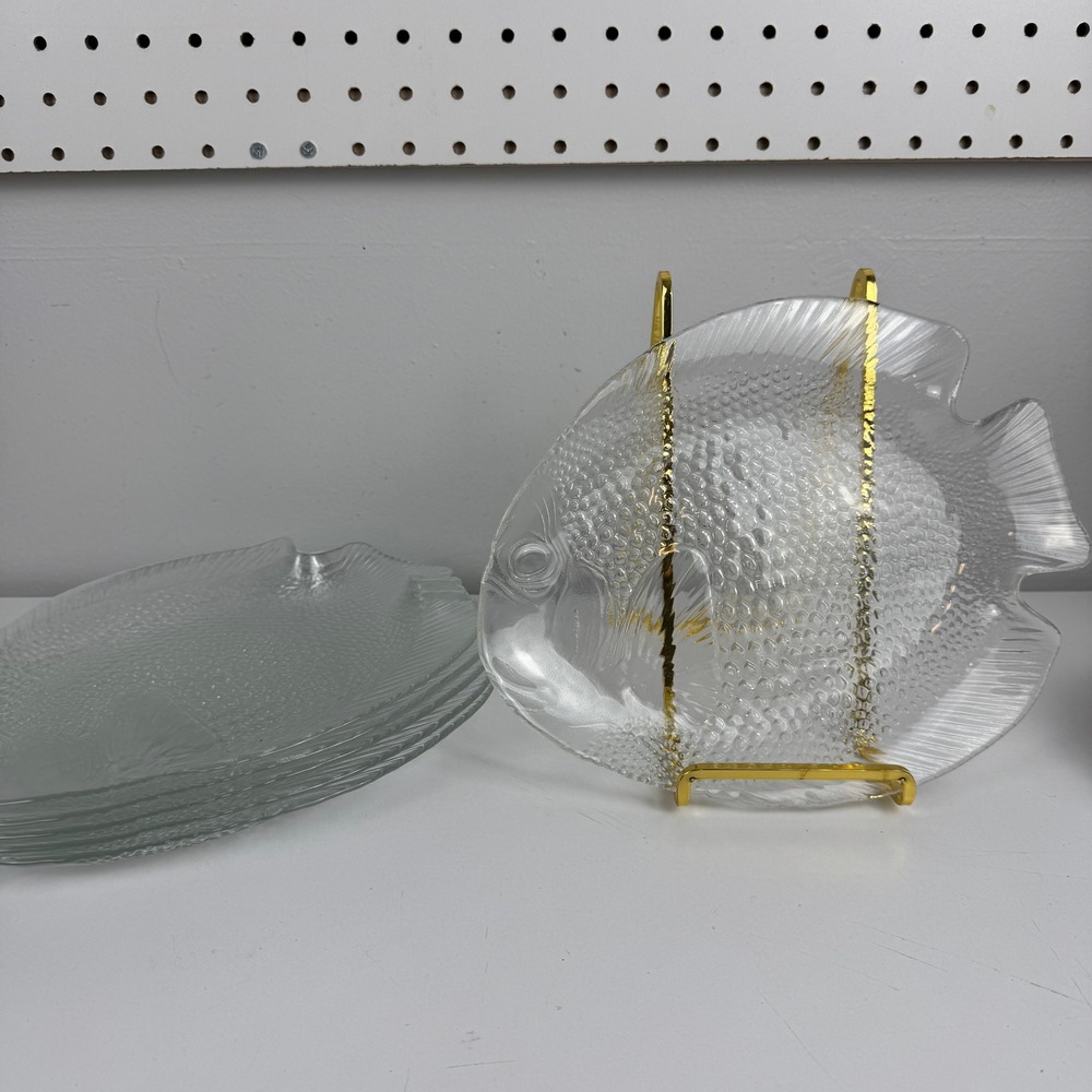 Arcoroc France Clear Glass Fish Plates Set of 6 Textured Angelfish Dinnerware